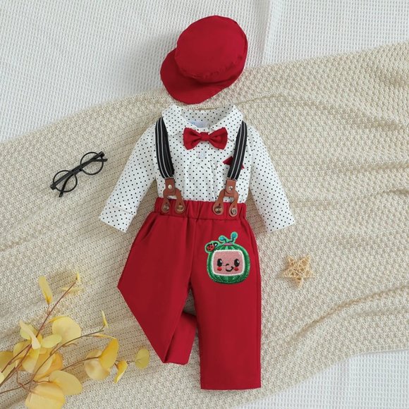 Cocomelon Outfit Boy Smash Cake Birthday Coco Melon Clothes Suspenders Hat - Picture 1 of 7